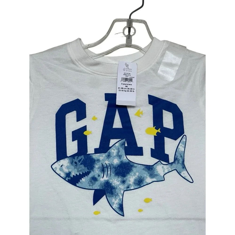 GAP T Shirt Boys Kids Youth Size 3‎ Shark Logo White Blue Short Sleeve